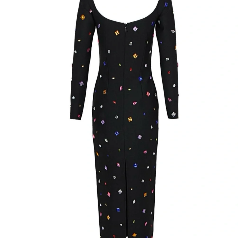 Crystal Embellished Long Sleeve Midi Bandage Dress - Picture 6 of 10